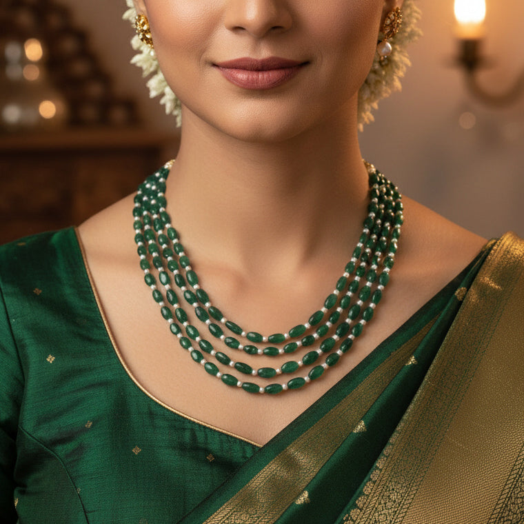 Dark Emerald & Pearl 4-Layer Sarafa Necklace – Natural Stone Multi-Strand Bridal & Festive Jewelry