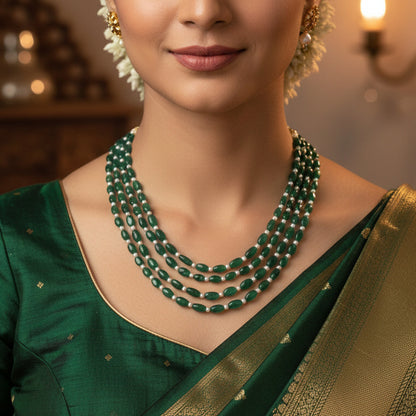 Dark Emerald & Pearl 4-Layer Sarafa Necklace – Natural Stone Multi-Strand Bridal & Festive Jewelry