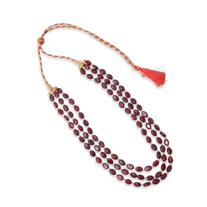Natural Ruby Quartz & Pearl Three-Layer Beaded Necklace | Adjustable Ethnic Jewelry