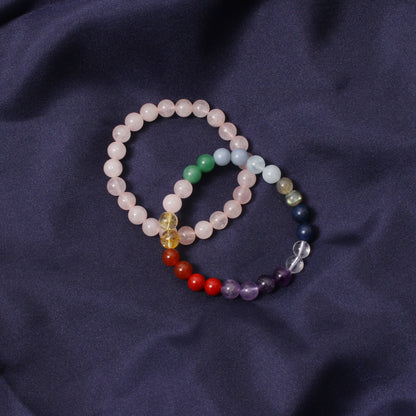 7 Chakras + Rose Quartz Healing Stretchable Gemstone Bracelet – Love, Healing & Harmony