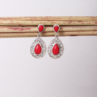 925 Sterling Silver Natural Red Coral Gemstone Earrings - Timeless Elegance