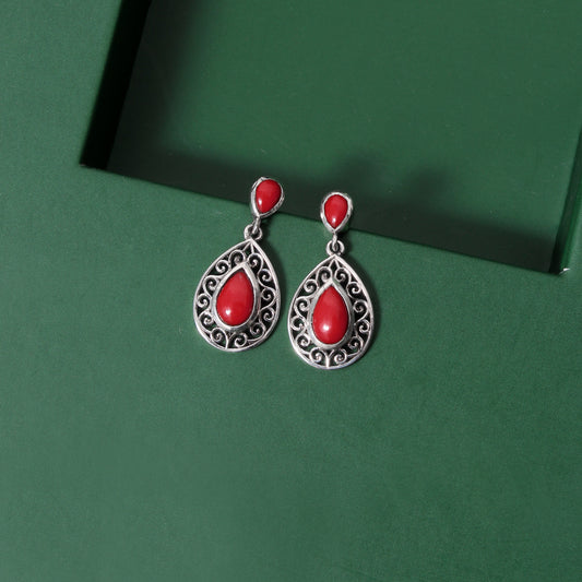 925 Sterling Silver Natural Red Coral Gemstone Earrings - Timeless Elegance