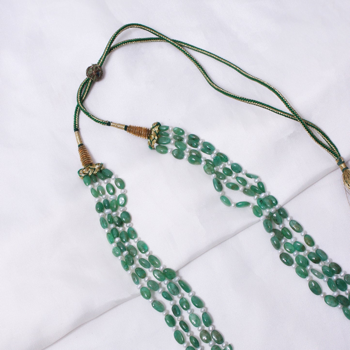 Light Green Emerald & Pearl 4-Layer Sarafa Necklace – Natural Multi-Strand Bridal & Festive Jewelry