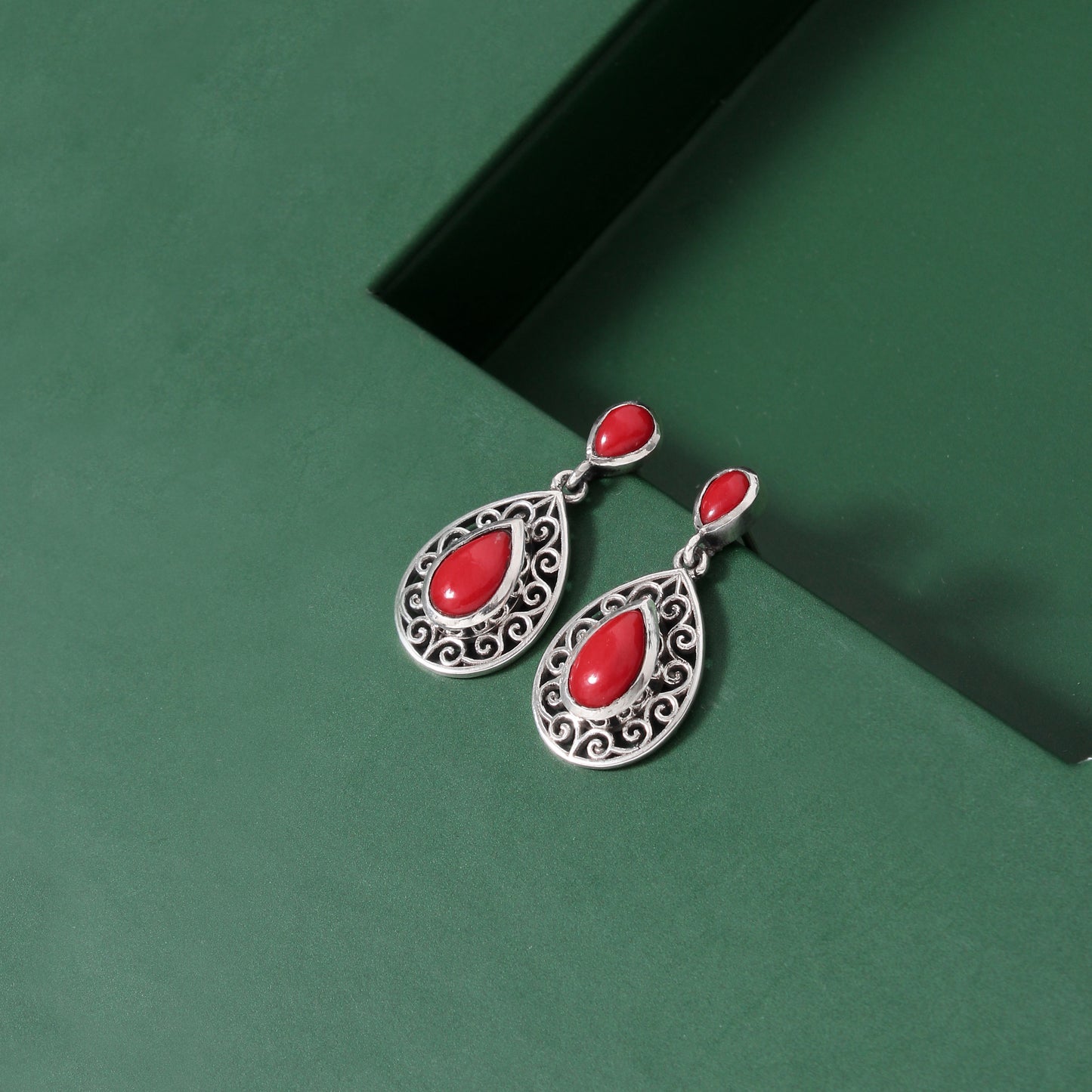 925 Sterling Silver Natural Red Coral Gemstone Earrings - Timeless Elegance