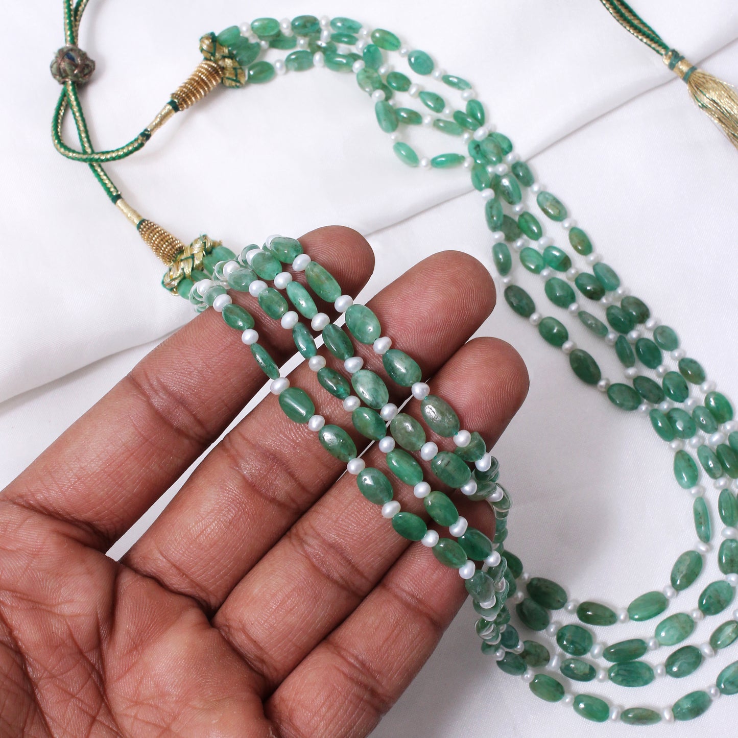 Light Green Emerald & Pearl 4-Layer Sarafa Necklace – Natural Multi-Strand Bridal & Festive Jewelry
