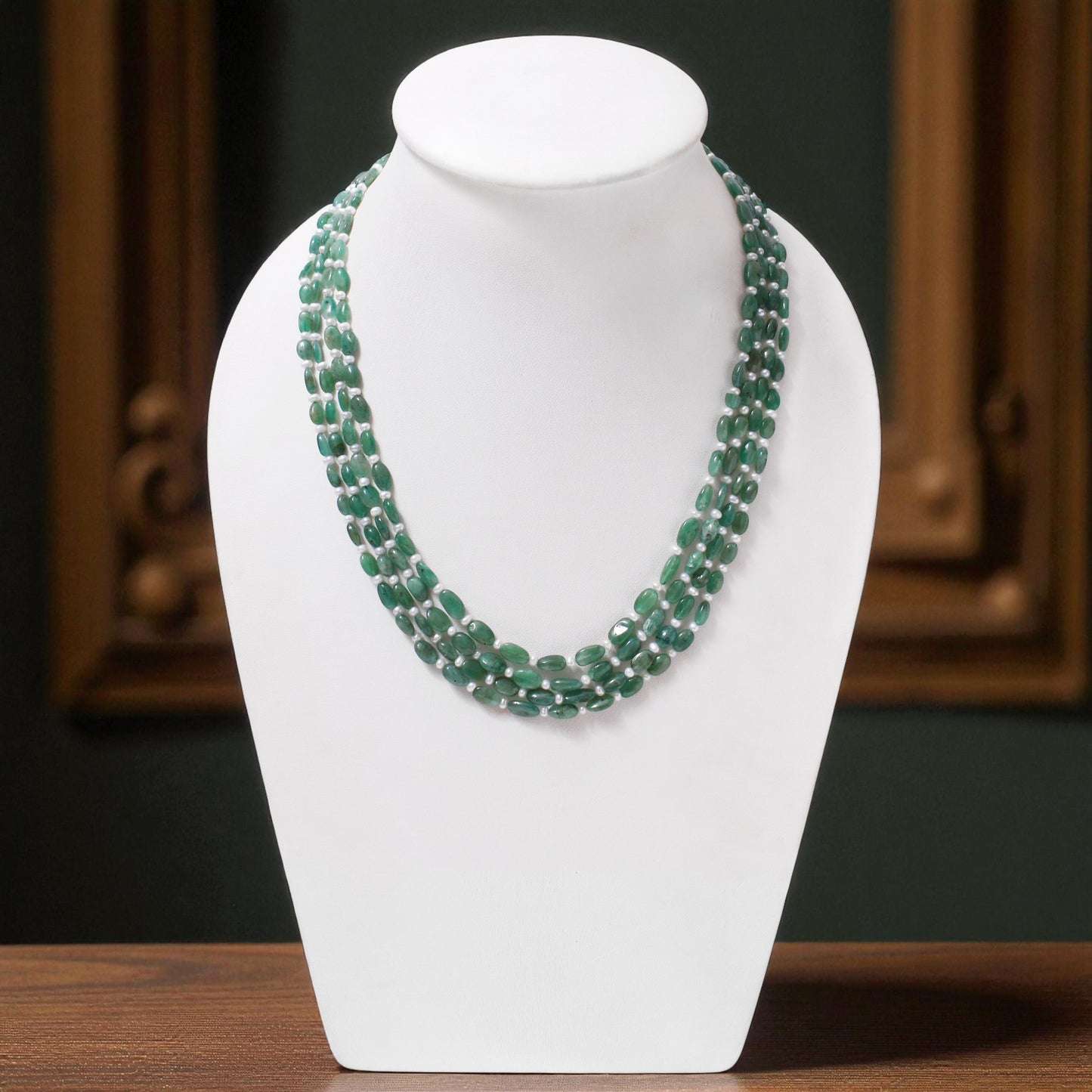 Light Green Emerald & Pearl 4-Layer Sarafa Necklace – Natural Multi-Strand Bridal & Festive Jewelry