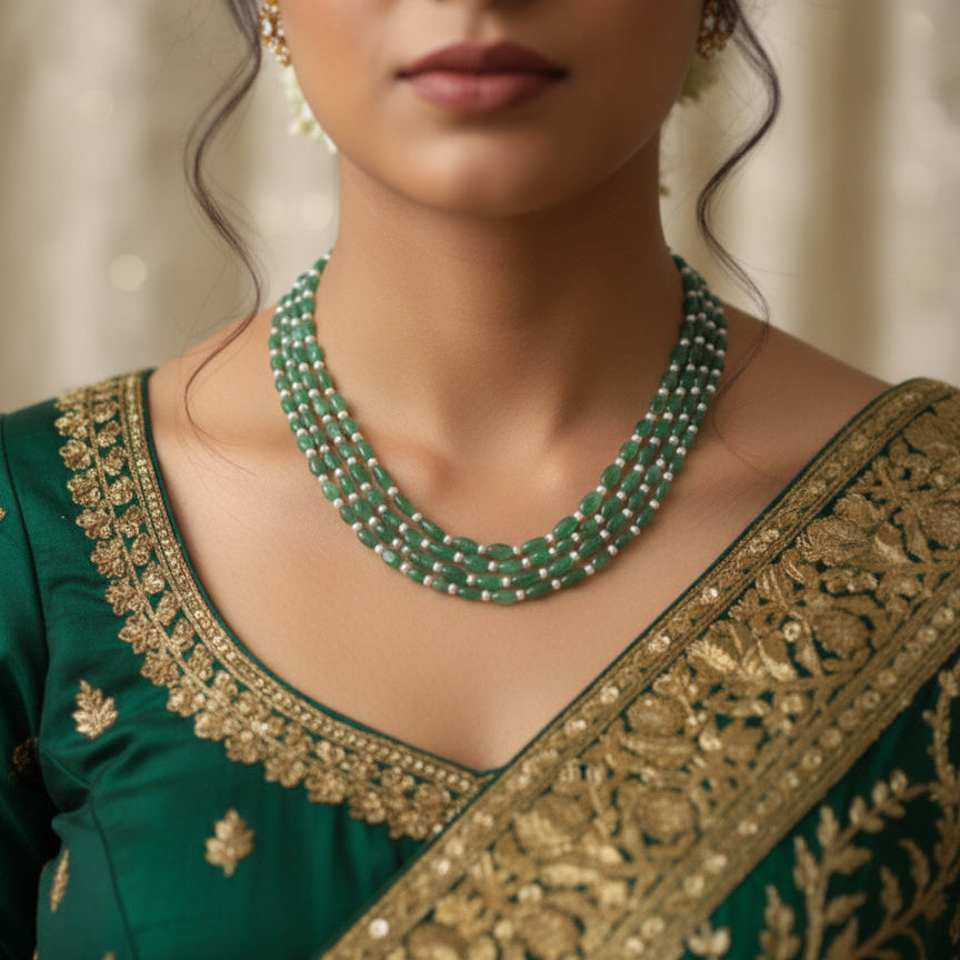 Light Green Emerald & Pearl 4-Layer Sarafa Necklace – Natural Multi-Strand Bridal & Festive Jewelry