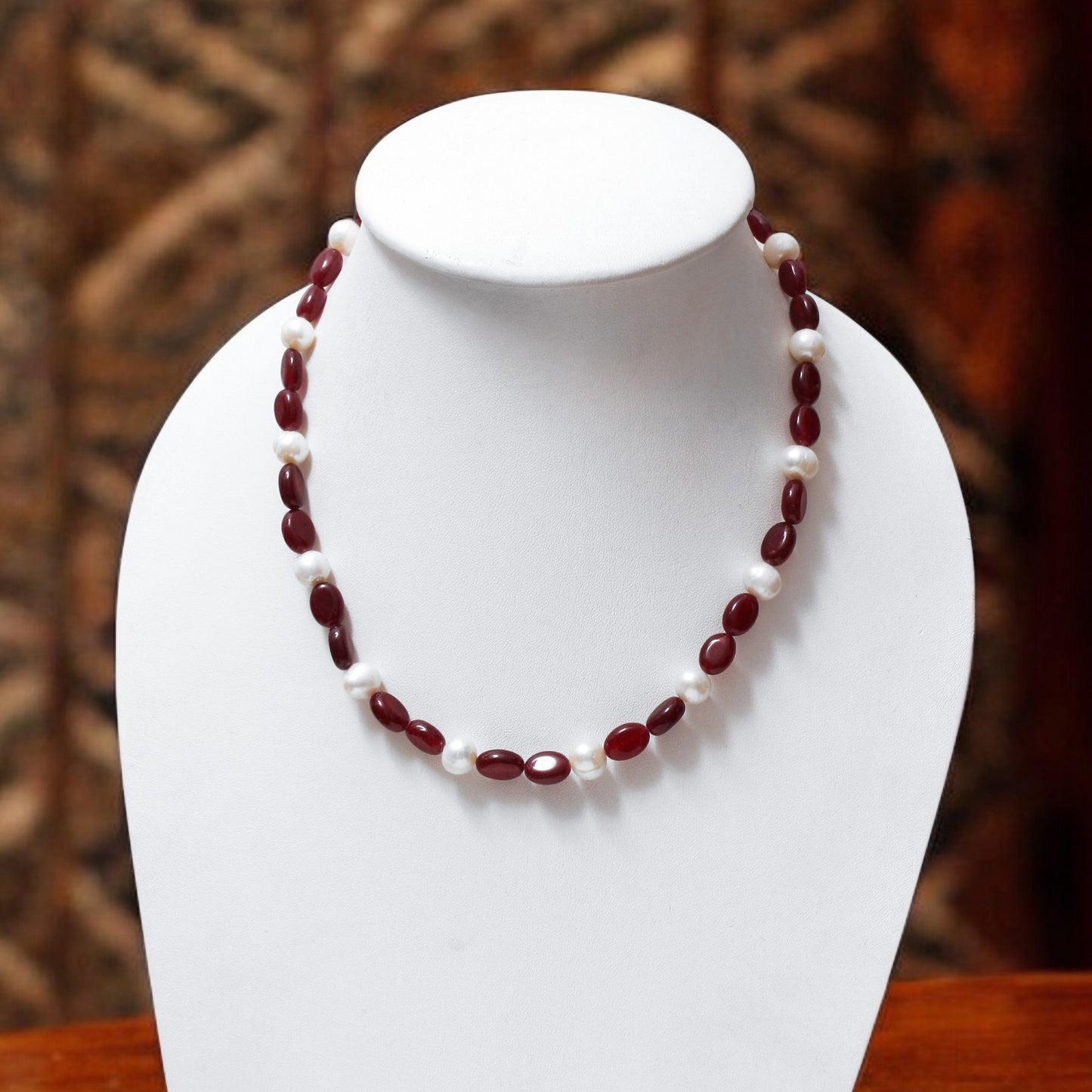 Handcrafted Dark Ruby Quartz & Pearl Necklace – Elegant Gemstone Jewelry for Love, Strength & Serenity