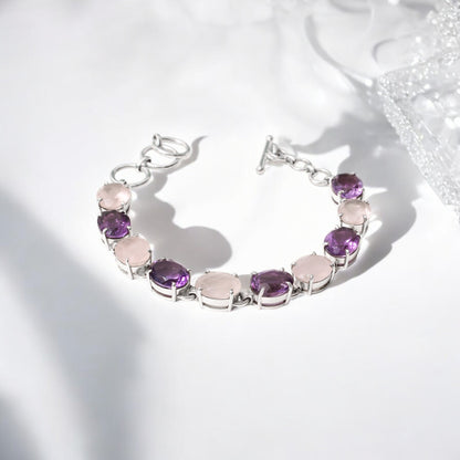 Elegant 925 Sterling Silver Natural Amethyst & Rose Quartz Chain Bracelet for Women