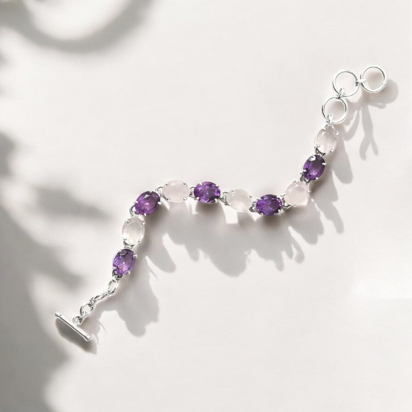 Elegant 925 Sterling Silver Natural Amethyst & Rose Quartz Chain Bracelet for Women