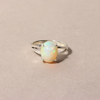 Natural Ethiopian Opal Oval Cabochon Ring – 925 Sterling Silver Fire Opal Gemstone Ring for Women | October Birthstone Jewelry