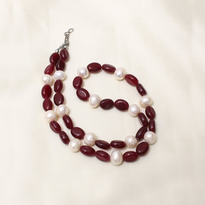Handcrafted Dark Ruby Quartz & Pearl Necklace – Elegant Gemstone Jewelry for Love, Strength & Serenity