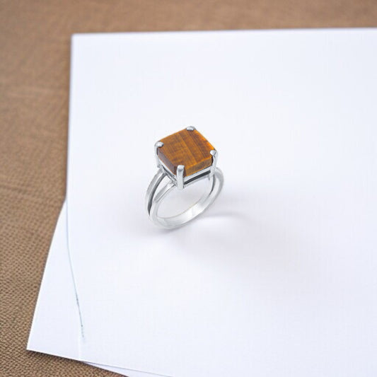 925 Sterling Silver Natural Tiger Eye Gemstone Ring – Bold Square Cut Statement Jewelry for Protection & Confidence