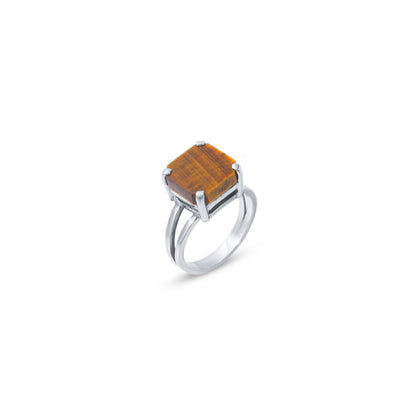925 Sterling Silver Natural Tiger Eye Gemstone Ring – Bold Square Cut Statement Jewelry for Protection & Confidence