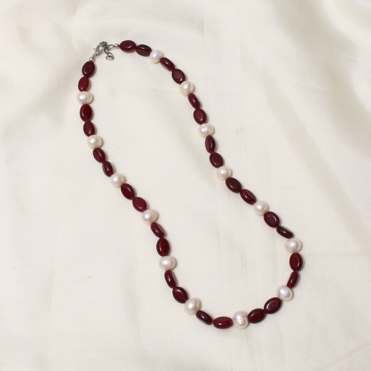 Handcrafted Dark Ruby Quartz & Pearl Necklace – Elegant Gemstone Jewelry for Love, Strength & Serenity