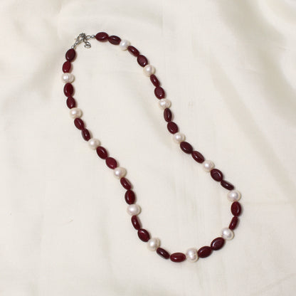 Handcrafted Dark Ruby Quartz & Pearl Necklace – Elegant Gemstone Jewelry for Love, Strength & Serenity