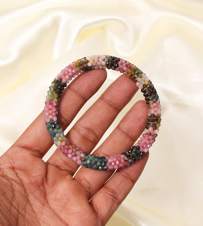 Natural Multi Tourmaline Beaded Bangle – Handmade Energy Healing Bracelet