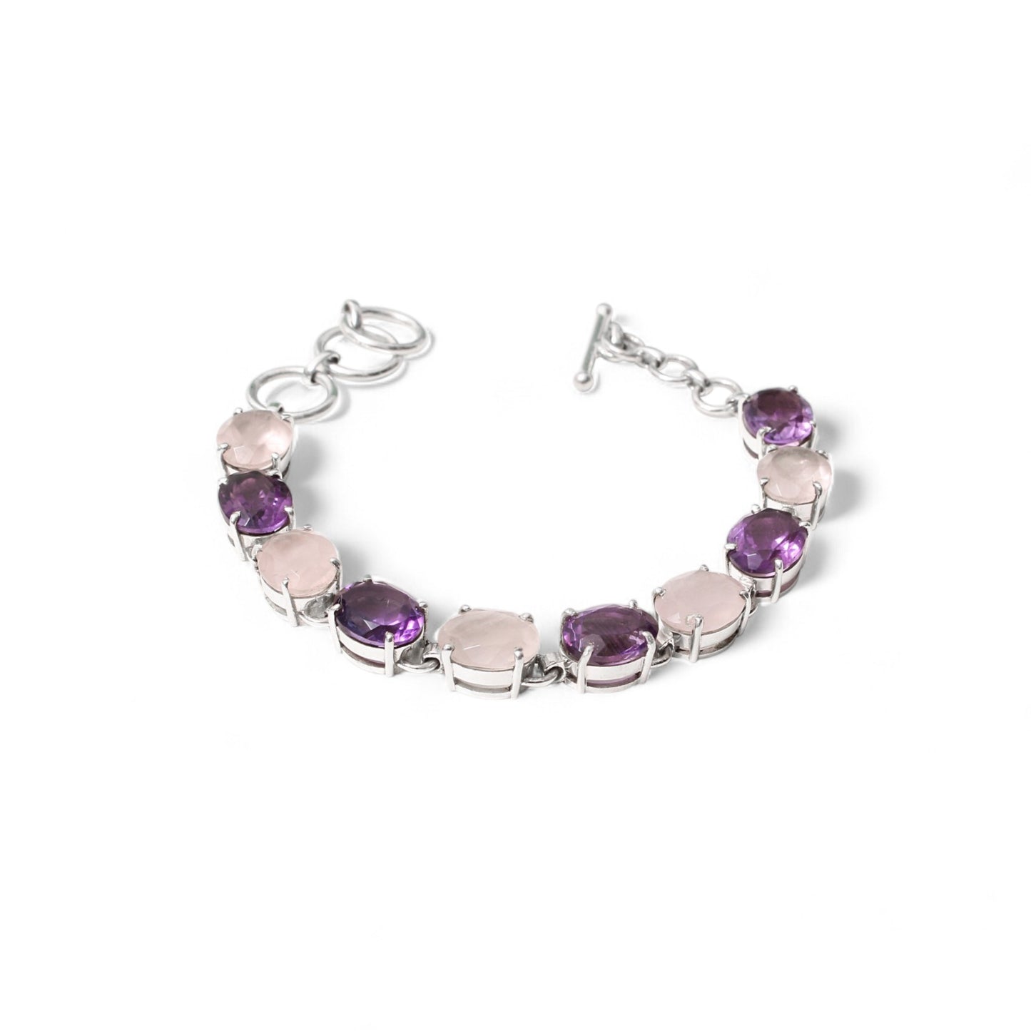 Elegant 925 Sterling Silver Natural Amethyst & Rose Quartz Chain Bracelet for Women