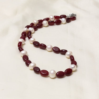 Handcrafted Dark Ruby Quartz & Pearl Necklace – Elegant Gemstone Jewelry for Love, Strength & Serenity