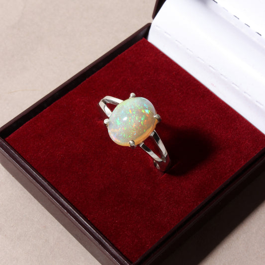 Natural Ethiopian Opal Oval Cabochon Ring – 925 Sterling Silver Fire Opal Gemstone Ring for Women | October Birthstone Jewelry