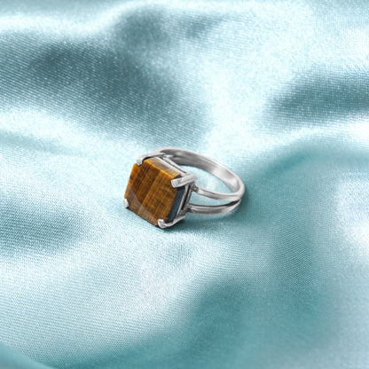 925 Sterling Silver Natural Tiger Eye Gemstone Ring – Bold Square Cut Statement Jewelry for Protection & Confidence