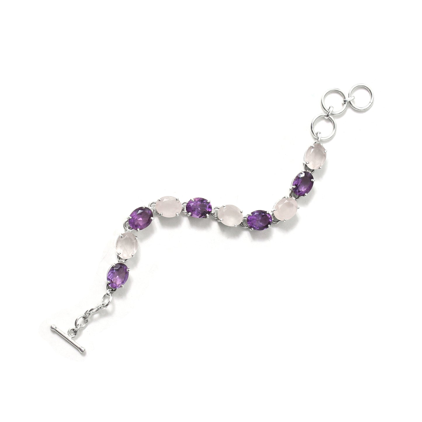 Elegant 925 Sterling Silver Natural Amethyst & Rose Quartz Chain Bracelet for Women