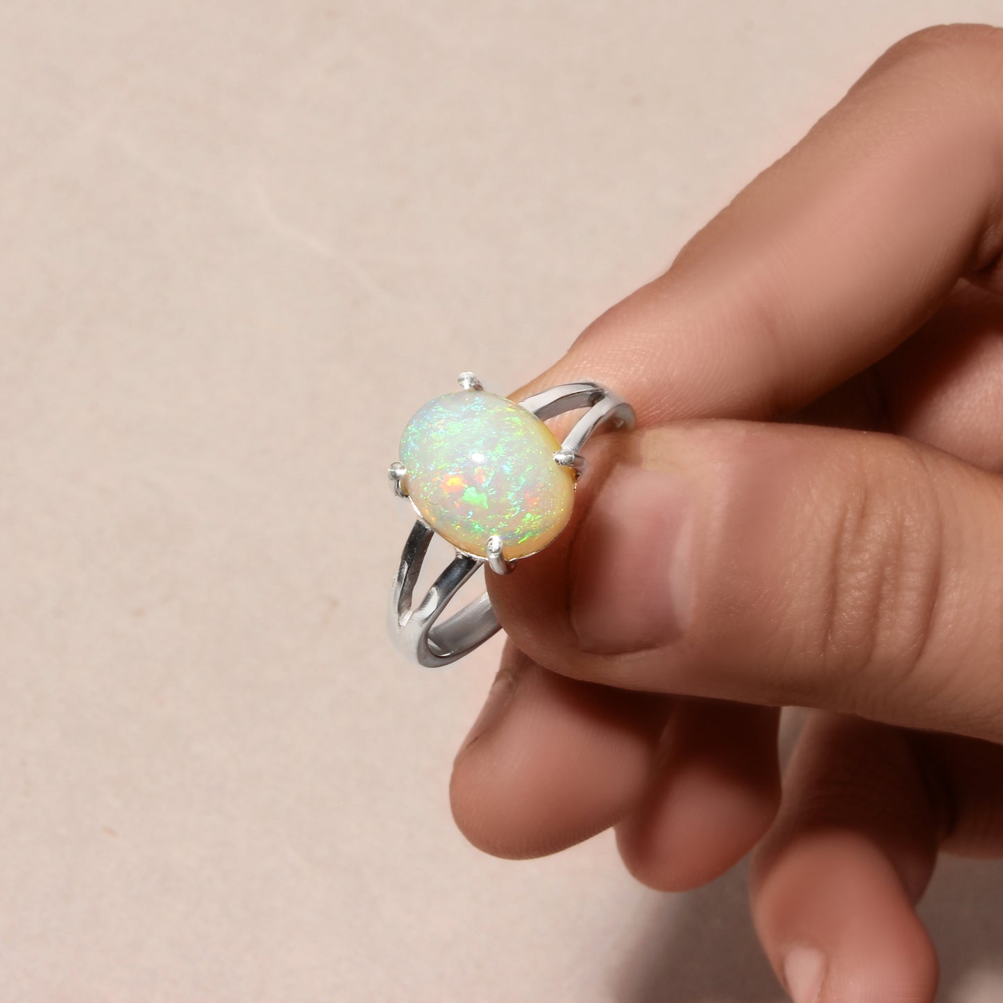 Natural Ethiopian Opal Oval Cabochon Ring – 925 Sterling Silver Fire Opal Gemstone Ring for Women | October Birthstone Jewelry
