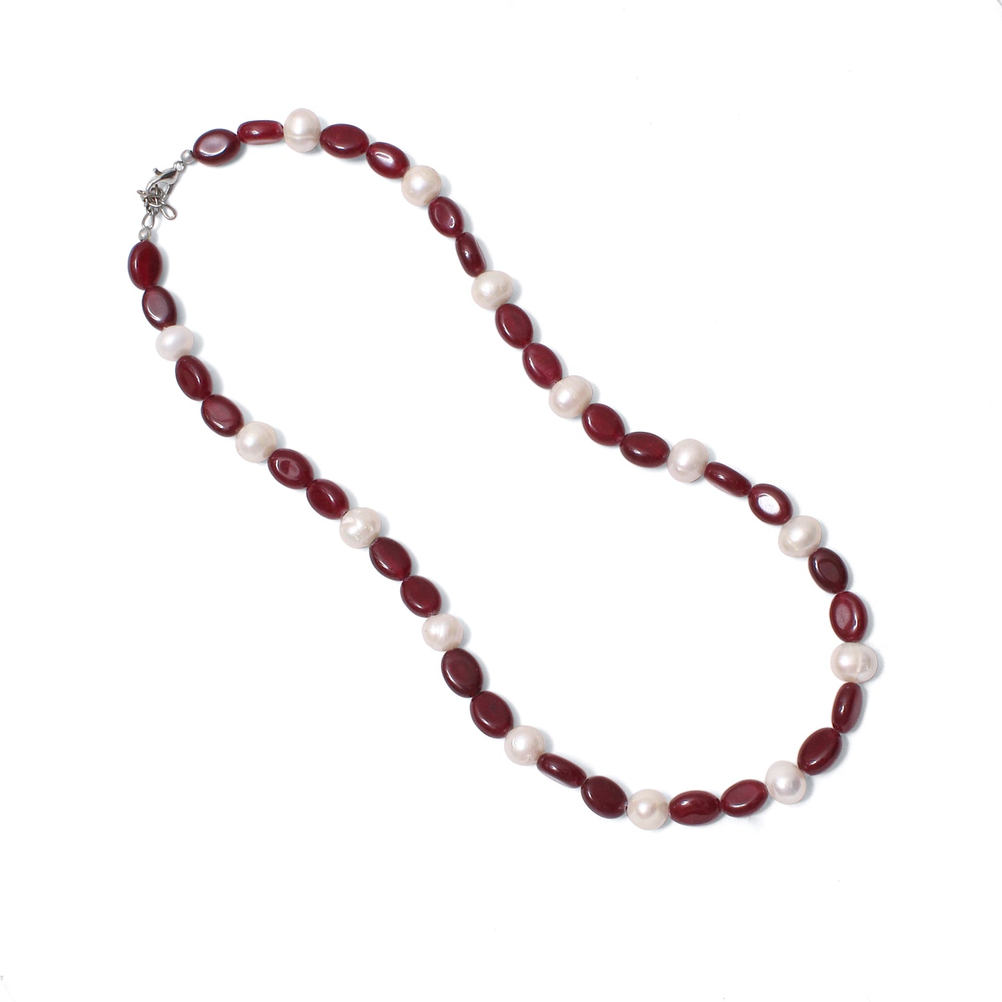 Handcrafted Dark Ruby Quartz & Pearl Necklace – Elegant Gemstone Jewelry for Love, Strength & Serenity