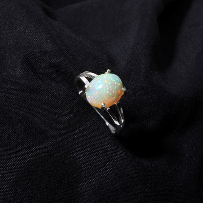 Natural Ethiopian Opal Oval Cabochon Ring – 925 Sterling Silver Fire Opal Gemstone Ring for Women | October Birthstone Jewelry