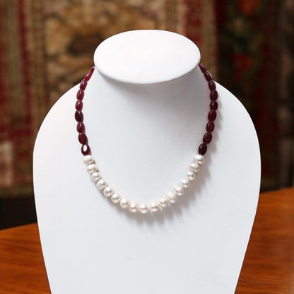 Dark Ruby Quartz & Pearl Necklace – Handcrafted Gemstone Jewelry for Passion, Purity & Elegance