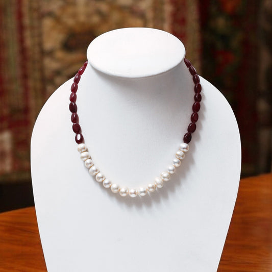 Dark Ruby Quartz & Pearl Necklace – Handcrafted Gemstone Jewelry for Passion, Purity & Elegance