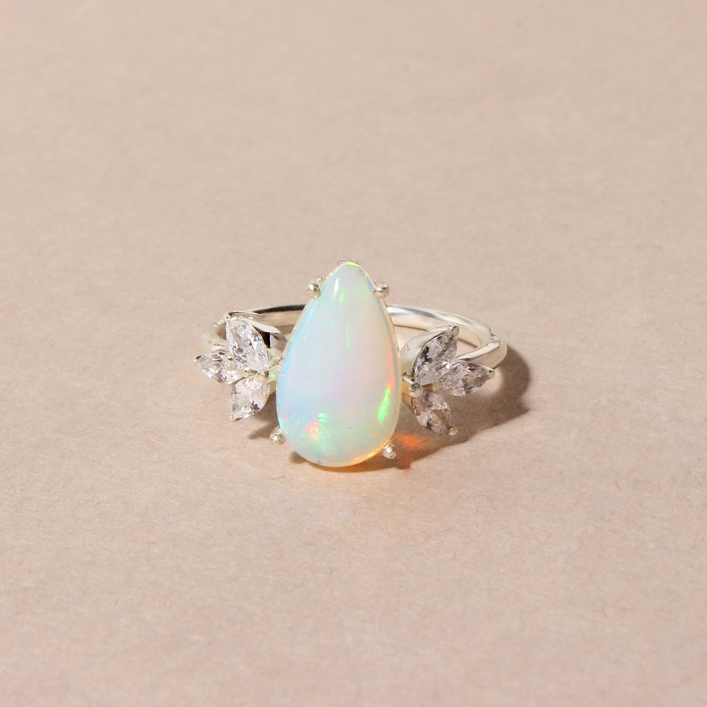 Natural Ethiopian Opal Pear Shape Ring with Marquise Accent Stones – 925 Sterling Silver Fire Opal Statement Ring for Women
