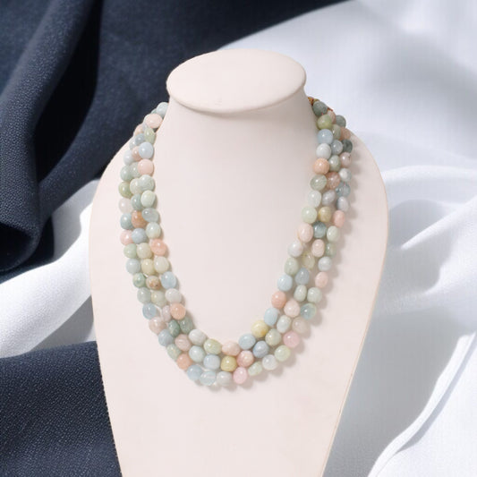 Natural Multi Aquamarine 3-layer Gemstone Sarafa Necklace – Handmade Pastel Beaded Jewelry for Calm & Elegance