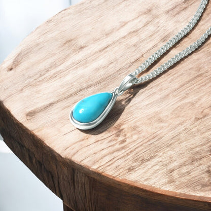 Natural Turquoise Gemstone Pendant Necklace – Sterling Silver Teardrop Design for Calm & Protection