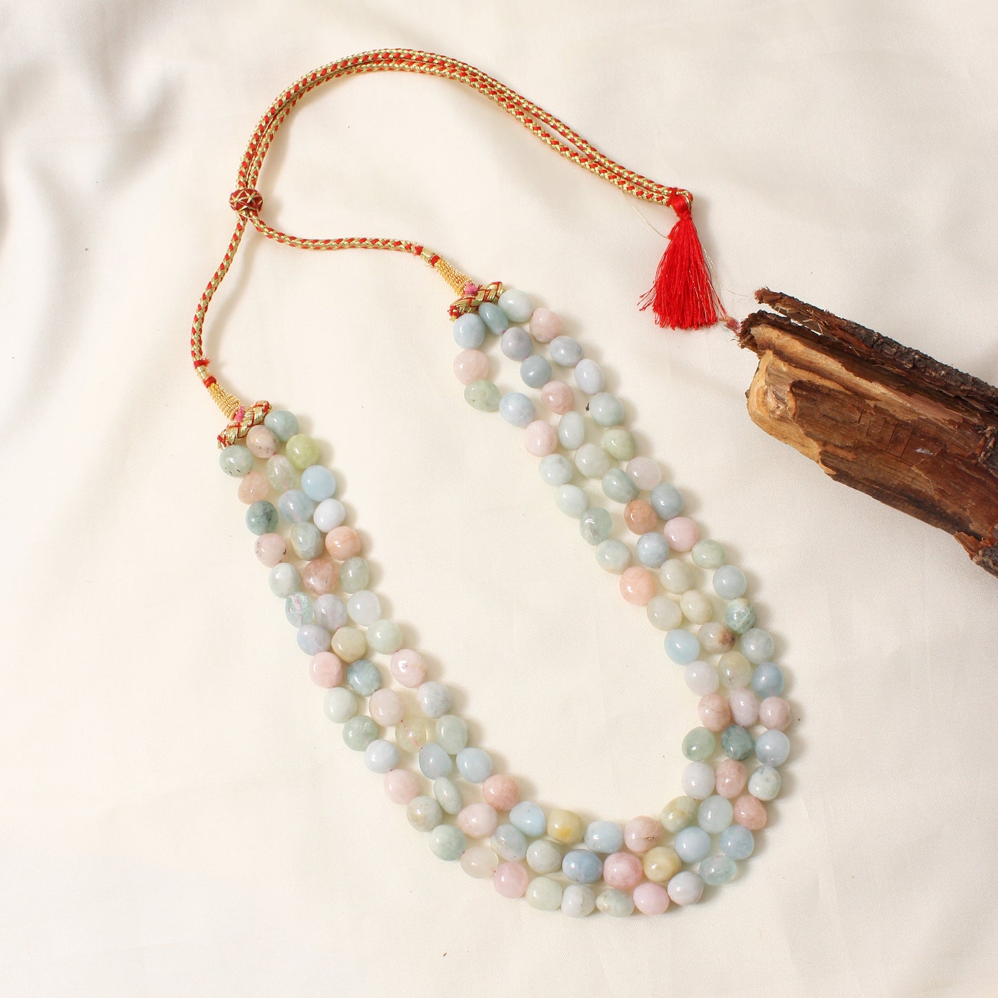 Natural Multi Aquamarine 3-layer Gemstone Sarafa Necklace – Handmade Pastel Beaded Jewelry for Calm & Elegance