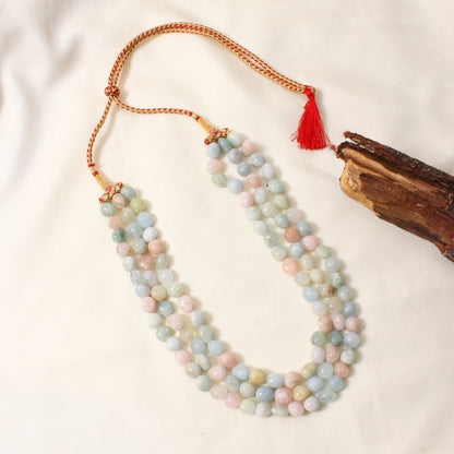 Natural Multi Aquamarine 3-layer Gemstone Sarafa Necklace – Handmade Pastel Beaded Jewelry for Calm & Elegance