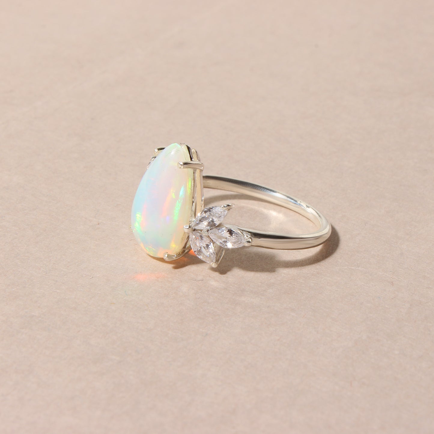Natural Ethiopian Opal Pear Shape Ring with Marquise Accent Stones – 925 Sterling Silver Fire Opal Statement Ring for Women