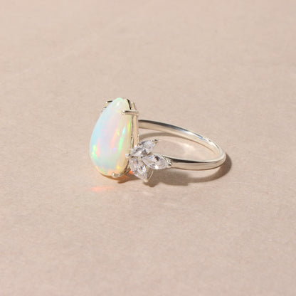 Natural Ethiopian Opal Pear Shape Ring with Marquise Accent Stones – 925 Sterling Silver Fire Opal Statement Ring for Women
