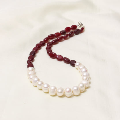 Dark Ruby Quartz & Pearl Necklace – Handcrafted Gemstone Jewelry for Passion, Purity & Elegance