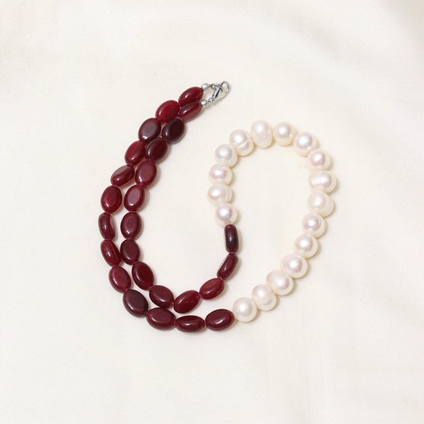 Dark Ruby Quartz & Pearl Necklace – Handcrafted Gemstone Jewelry for Passion, Purity & Elegance