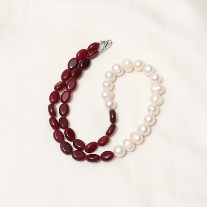 Dark Ruby Quartz & Pearl Necklace – Handcrafted Gemstone Jewelry for Passion, Purity & Elegance