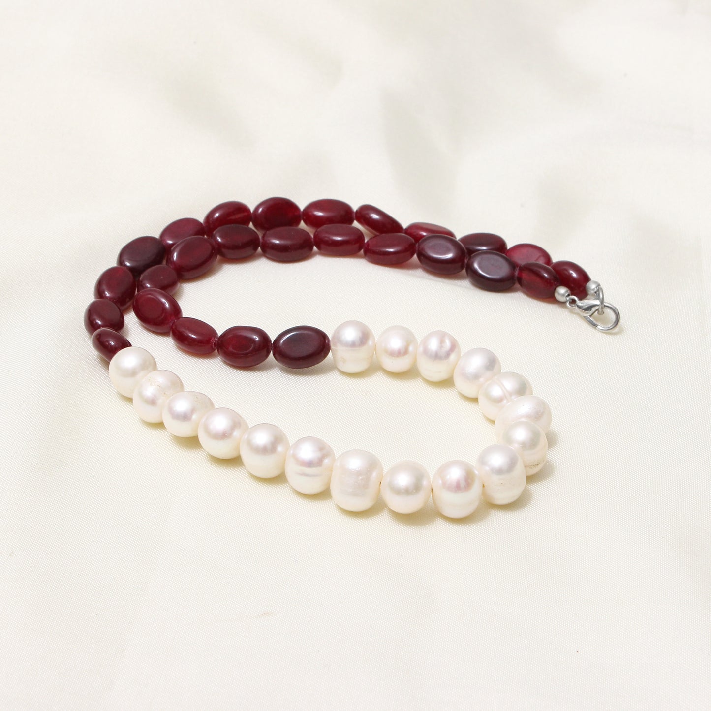 Dark Ruby Quartz & Pearl Necklace – Handcrafted Gemstone Jewelry for Passion, Purity & Elegance