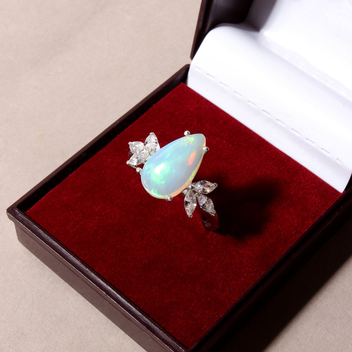 Natural Ethiopian Opal Pear Shape Ring with Marquise Accent Stones – 925 Sterling Silver Fire Opal Statement Ring for Women