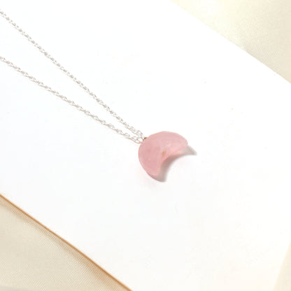 Elegant Rose Quartz Crescent Moon Pendant Necklace – 925 Sterling Silver Chain for Love & Emotional Healing