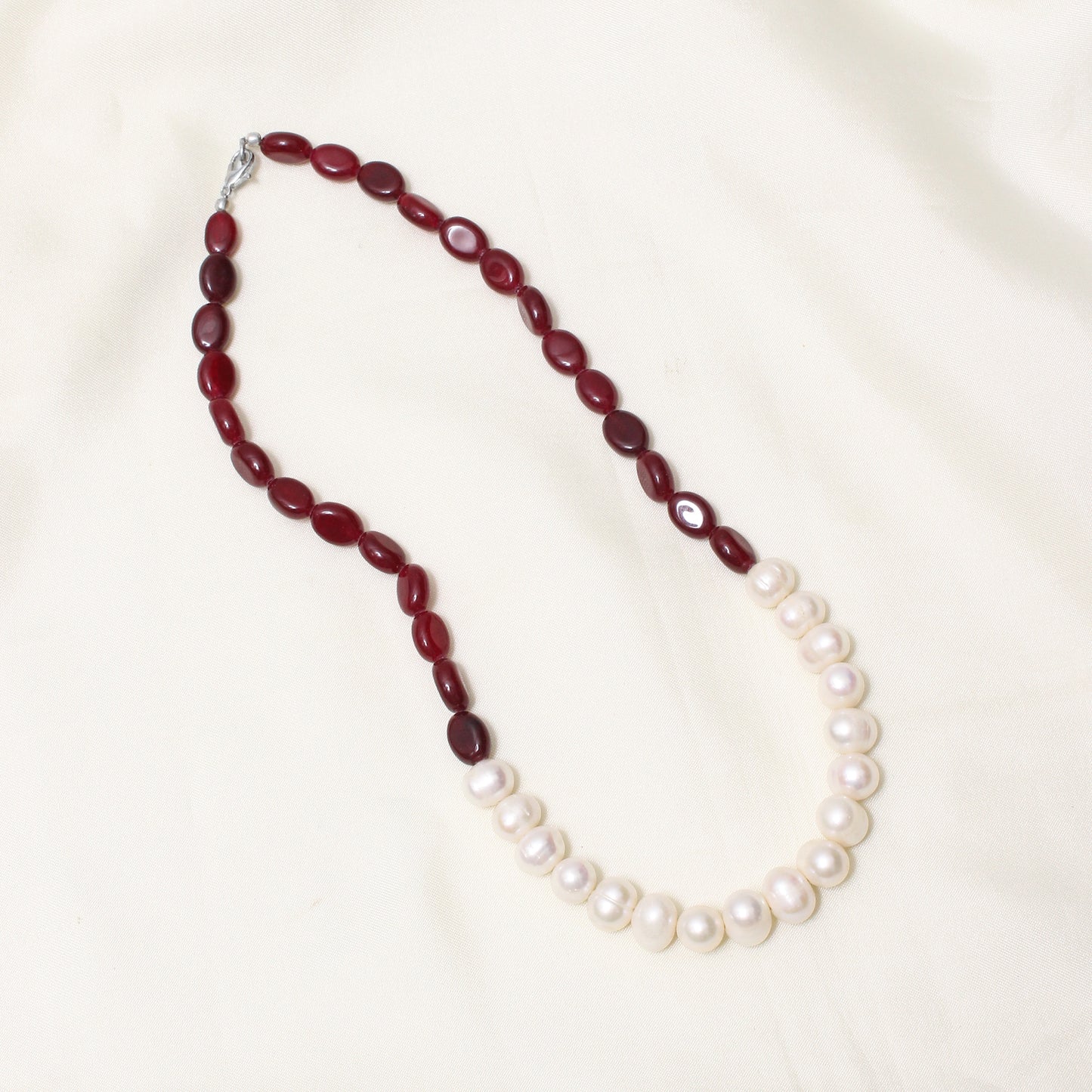 Dark Ruby Quartz & Pearl Necklace – Handcrafted Gemstone Jewelry for Passion, Purity & Elegance