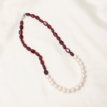 Dark Ruby Quartz & Pearl Necklace – Handcrafted Gemstone Jewelry for Passion, Purity & Elegance
