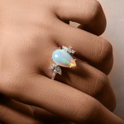 Natural Ethiopian Opal Pear Shape Ring with Marquise Accent Stones – 925 Sterling Silver Fire Opal Statement Ring for Women