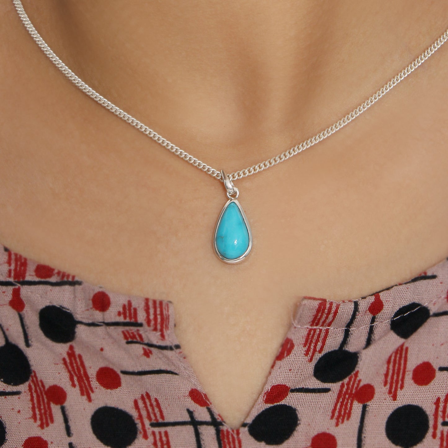 Natural Turquoise Gemstone Pendant Necklace – Sterling Silver Teardrop Design for Calm & Protection