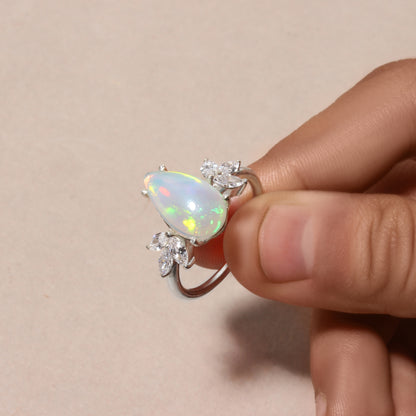 Natural Ethiopian Opal Pear Shape Ring with Marquise Accent Stones – 925 Sterling Silver Fire Opal Statement Ring for Women