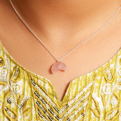 Elegant Rose Quartz Crescent Moon Pendant Necklace – 925 Sterling Silver Chain for Love & Emotional Healing